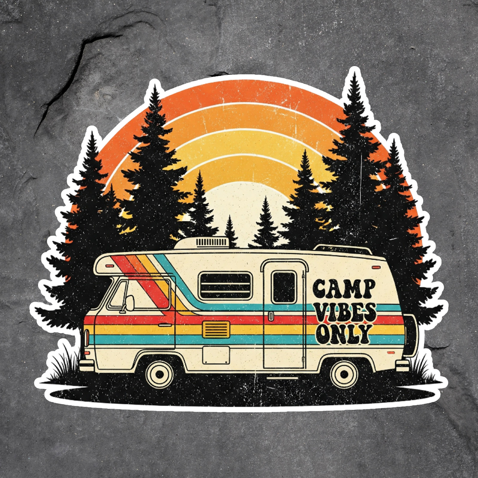 RV sticker vinyl decal camp vibes only retro motorhome forest trees sunset