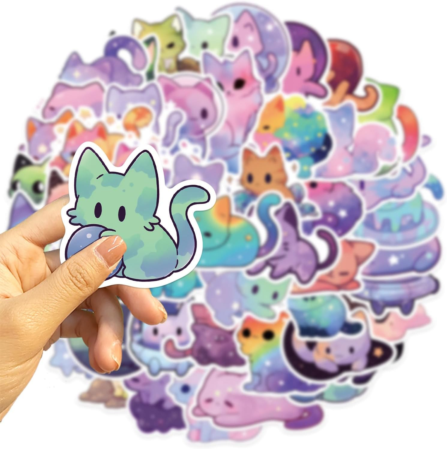 Cute Night Sky Cats Stickers for Kids Teens Adults, 50Pcs Cool Rainbow Starry Sk