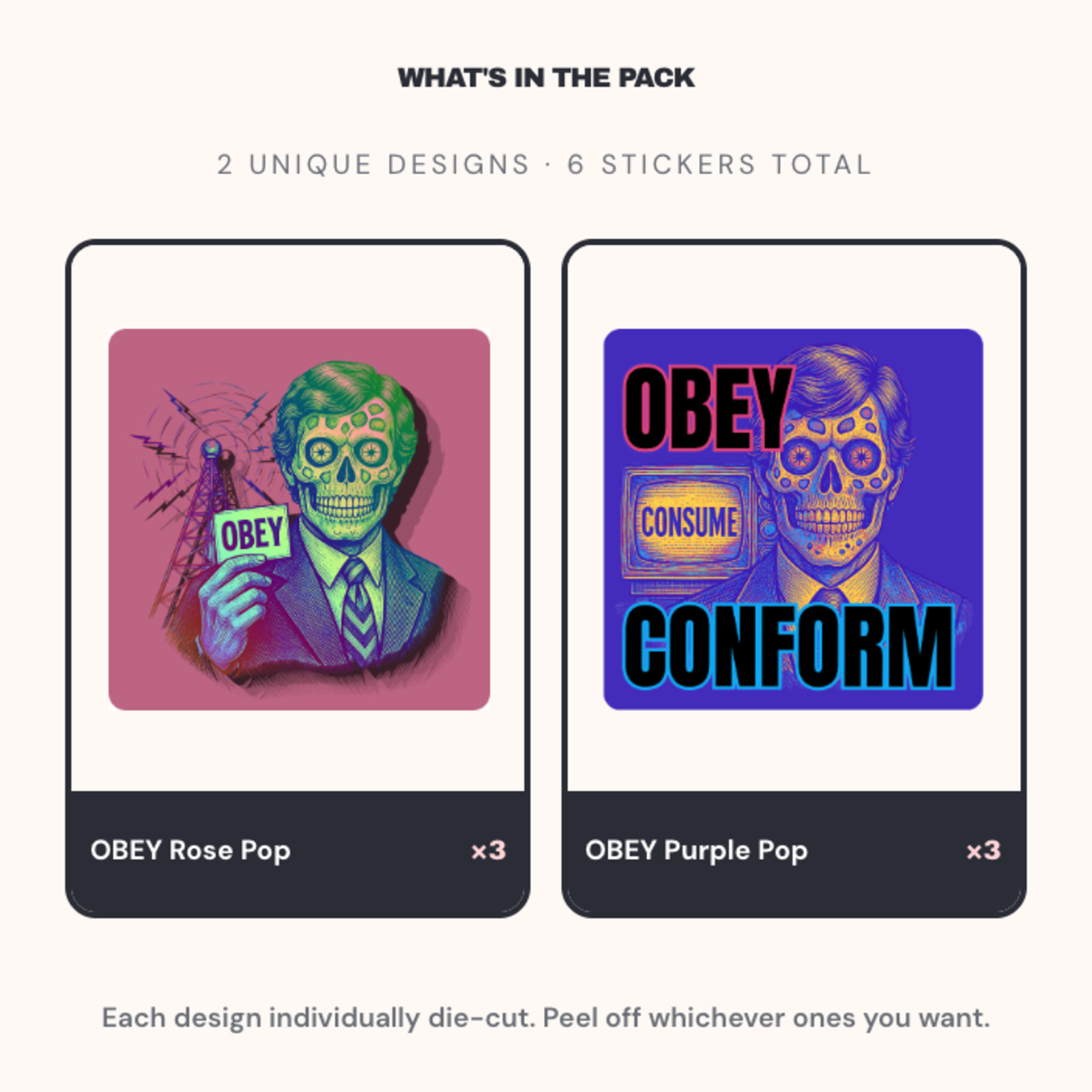 OBEY CONSUME CONFORM Stickers Large 3.5" 6 pcs Assorted Waterproof Vinyl Decals