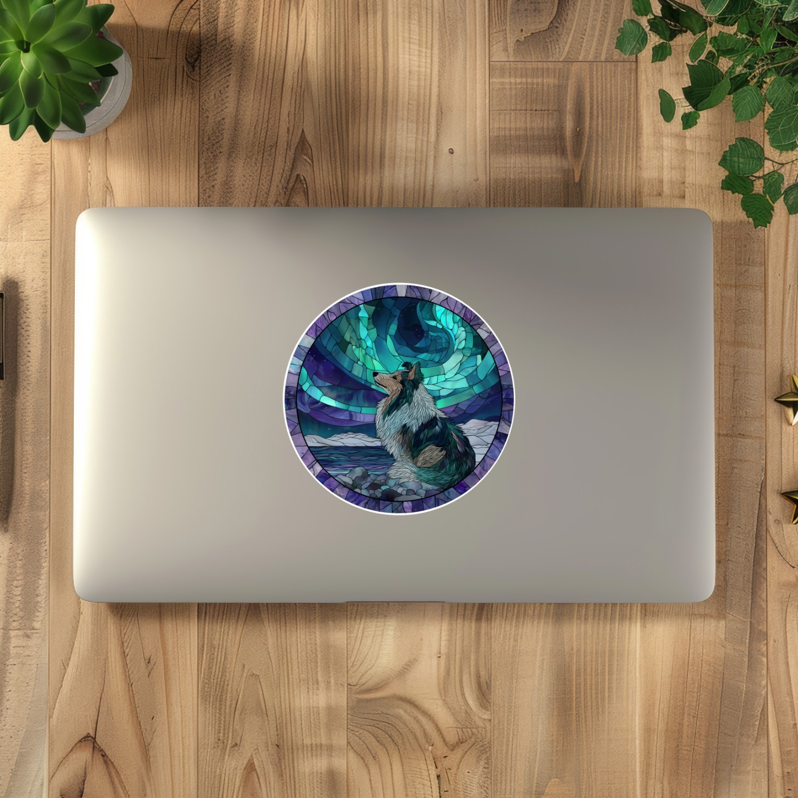 Shetland Sheepdog Northern Light Stained Glass Window Opaque Vinyl Sticker Decal
