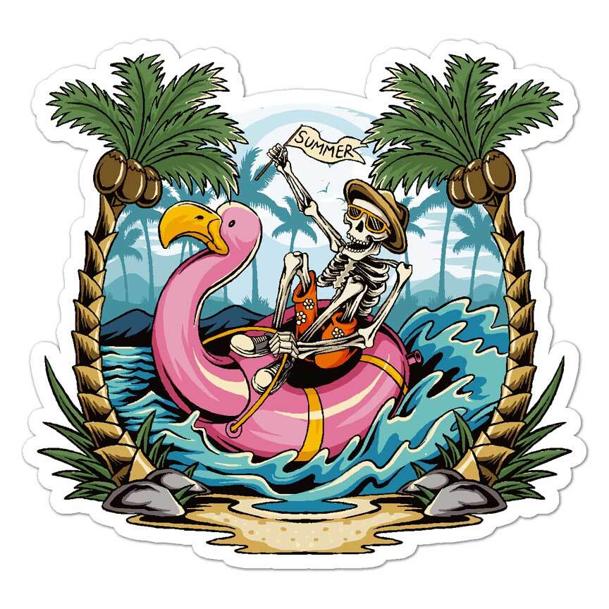 Flamingo Skeleton Summer, Vinyl Decal Sticker, Indoor Outdoor, 3 Sizes, #7959