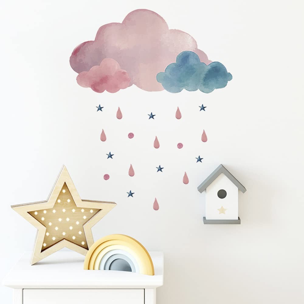 Boodecal Pink Watercolor Cloud Rain Drops Stars Kids Wall Stickers | Raining,…