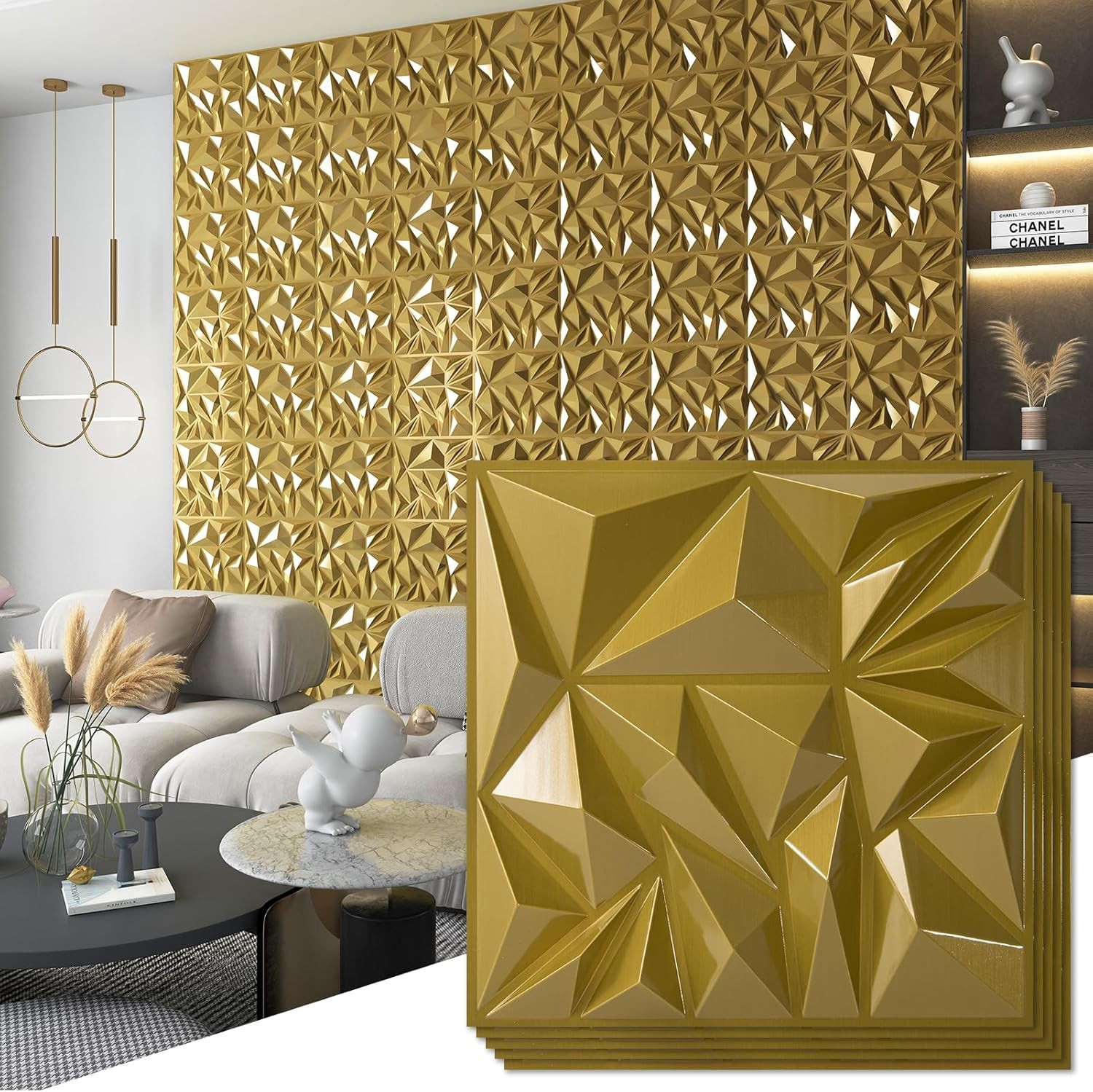 Art3d 33-Pack 3D Wall Panels for Interior Decor, 12×12 Inch, Gold