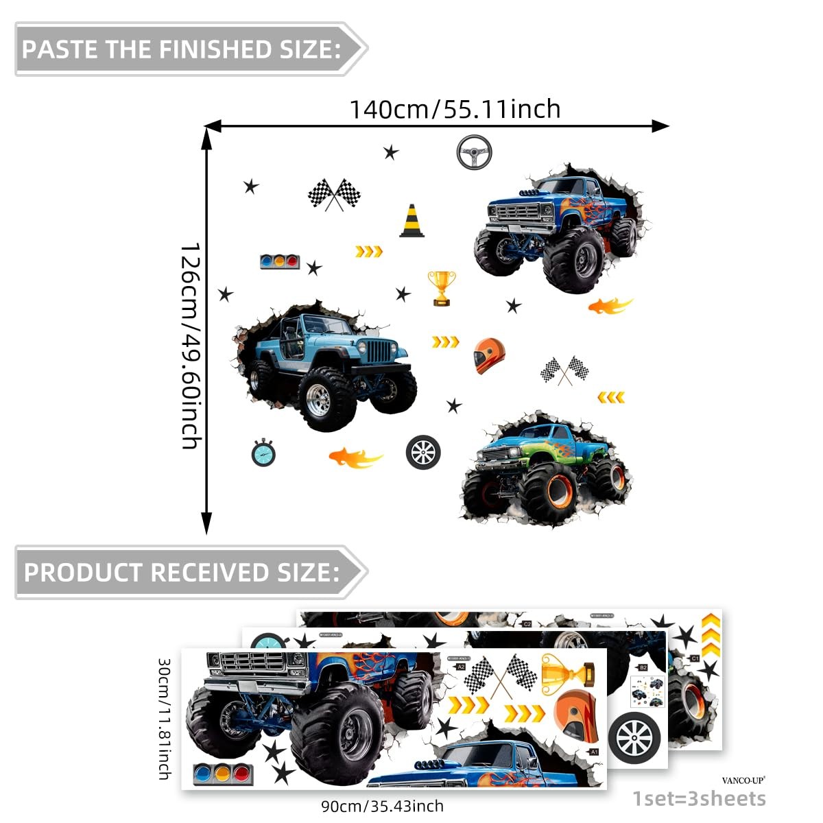3D Monster Truck Wall Decal Trucks Break Through Wall Sticker Self Adhesive W…