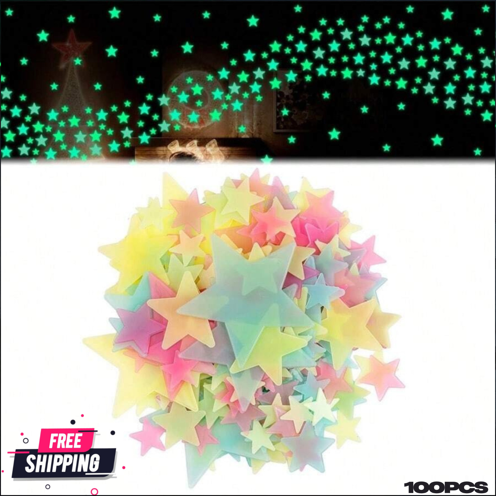 100pcs Glow In The Dark Stars Luminous Wall & Ceiling Star Stickers Home Decor