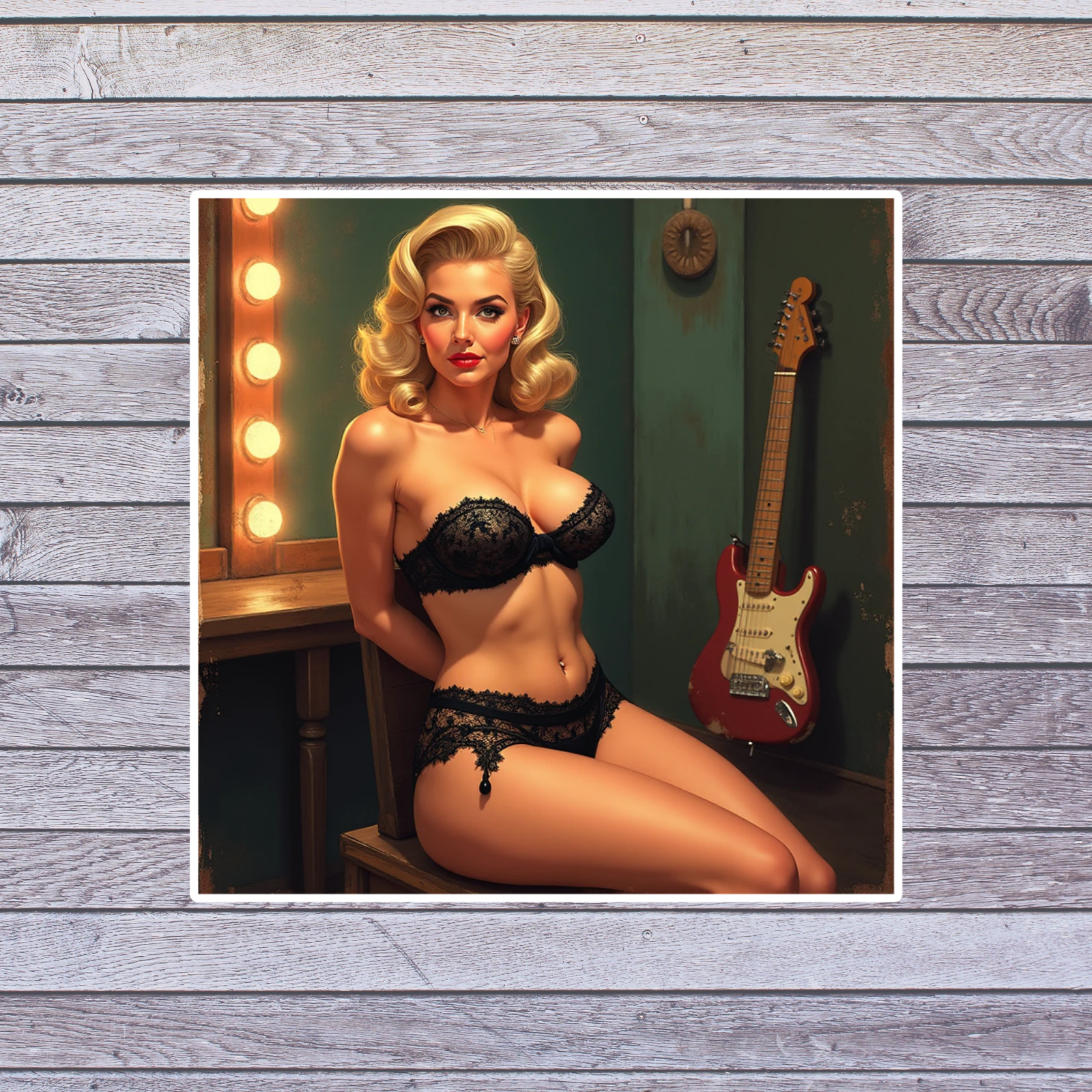 Pinup Girl Sticker Vinyl Decal Black Lace Guitar Room Retro Glam Pin Up Art