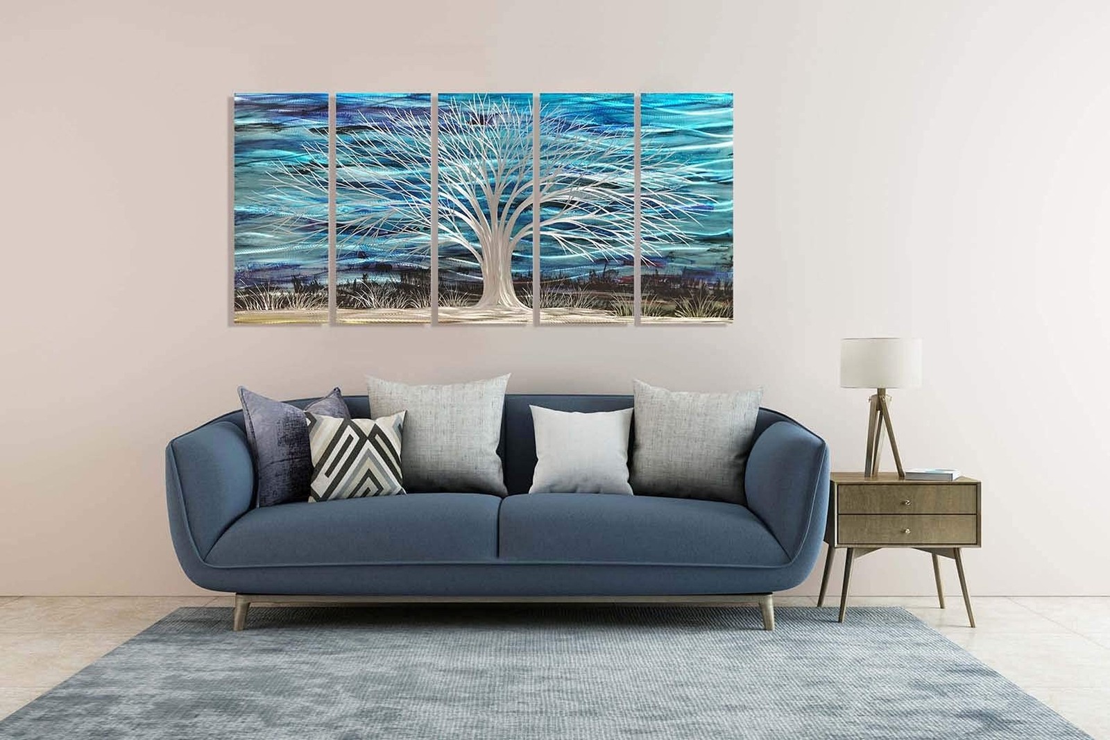 RICHSPACE ARTS 3D Blue Abstract Metal Wall Art Bright Silver Tree Metallic Ar…