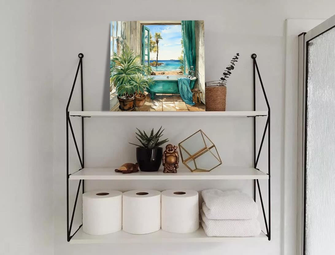LAIART Bathroom Canvas Print Wall Art Decor Teal Bathtub 12"L x 12"W, Green