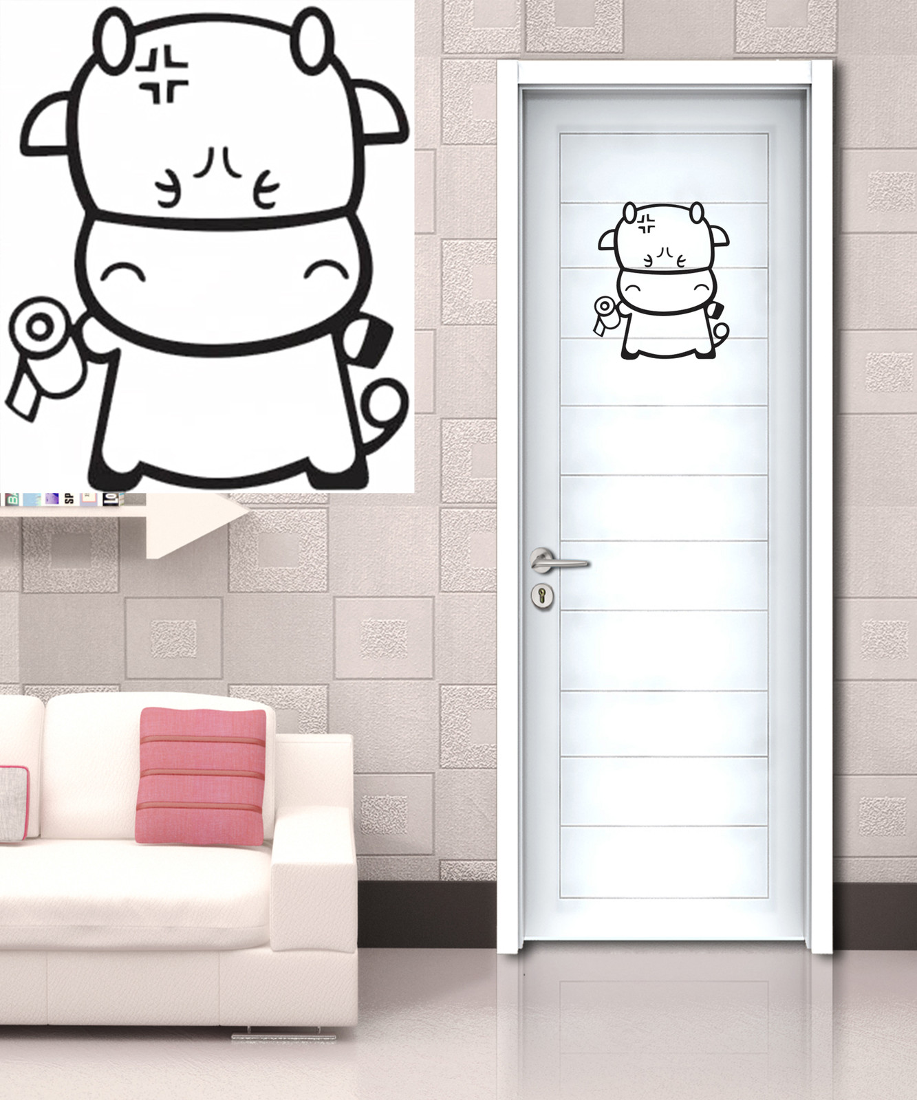 Funny Cow With Toilet Paper Wall Art Decal Vinyl Sticker Toilet Entrance Sign
