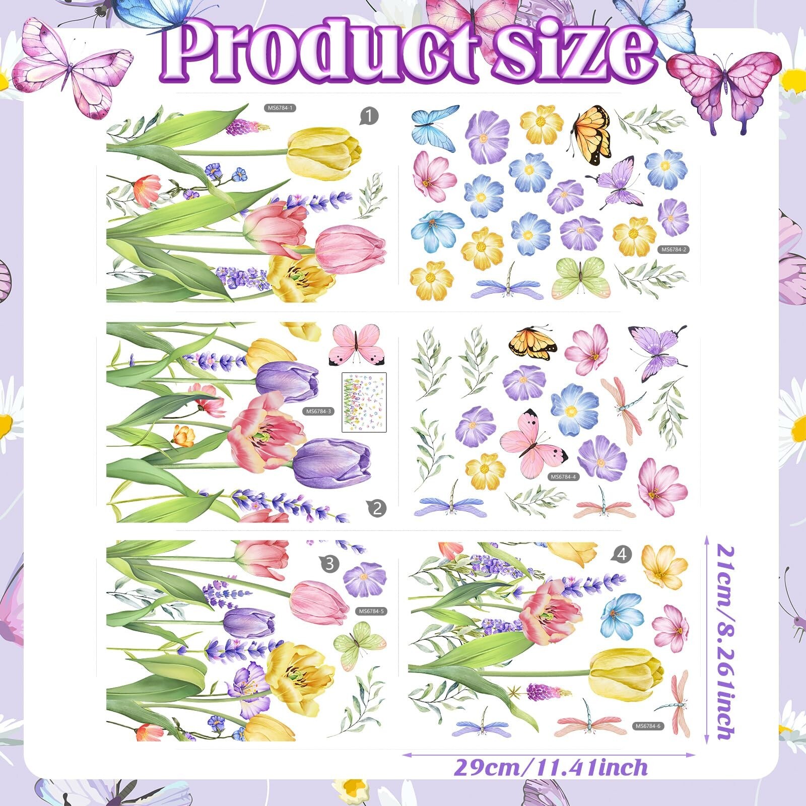 Eersida 6 Sheets Spring Wall Stickers Flower Decals Lavender Tulip Butterfly …