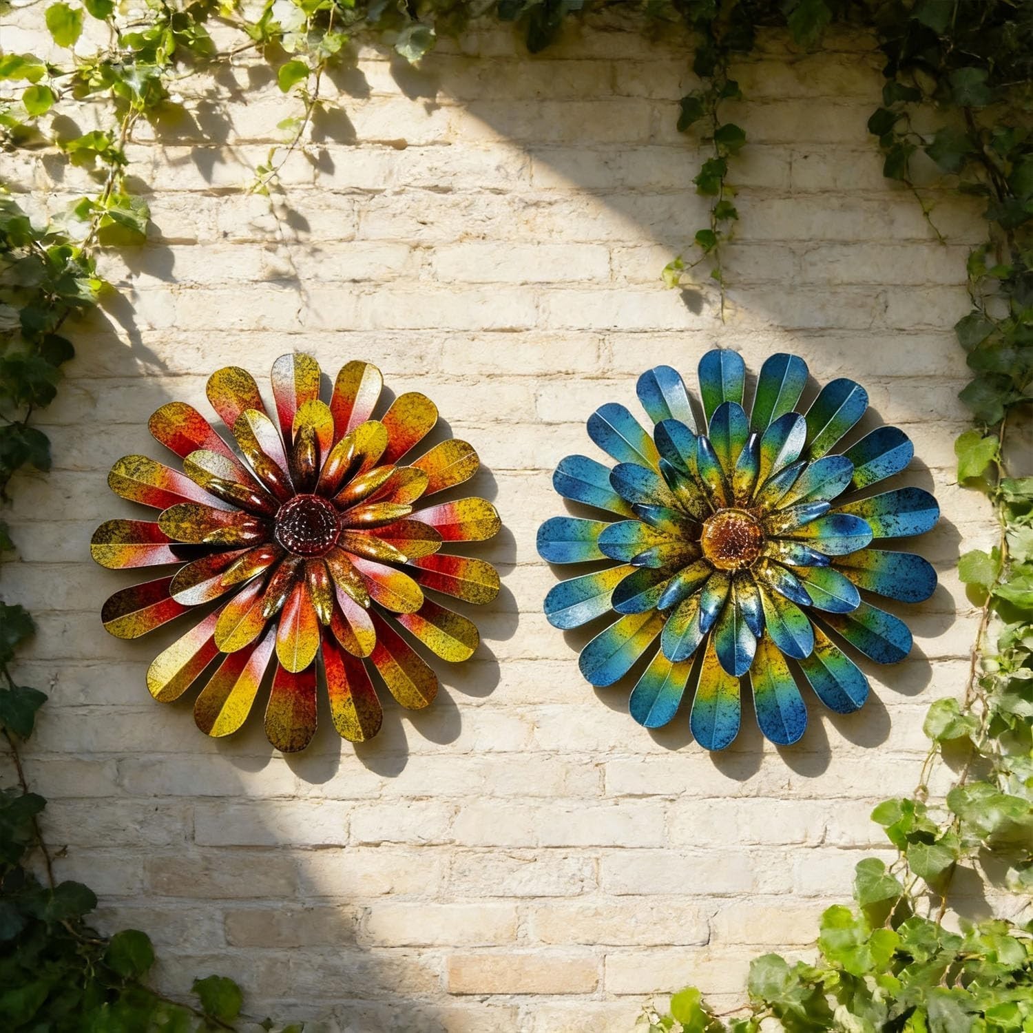 Elegant 2 Pack 12-Inch Hand-Painted Metal Flower Wall Art – Indoor & Outdoor
