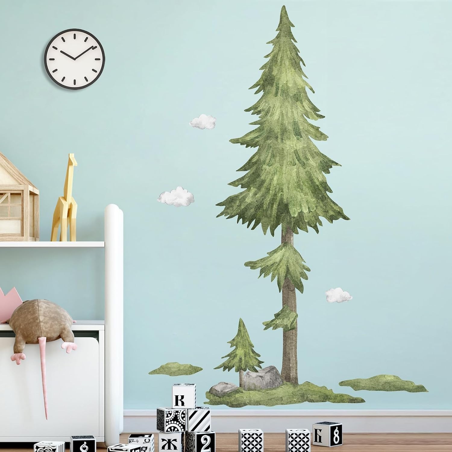 Wall Decals Large Pine Tree Elk Birds Watercolor Woodland Wall Stickers for Kids
