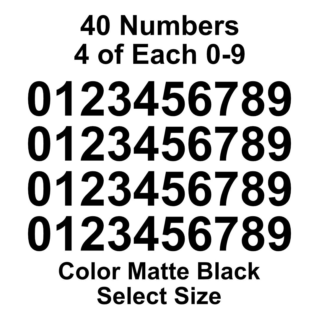 0 – 9 Number Decals Color: Matte Black – Select Size – 40 Stickers 4 of Each