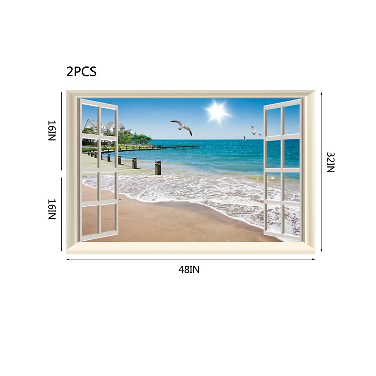 Fake Window Wall Decal, Summer Beach Seascape Peel and Stick Wall Sticker, Fa…