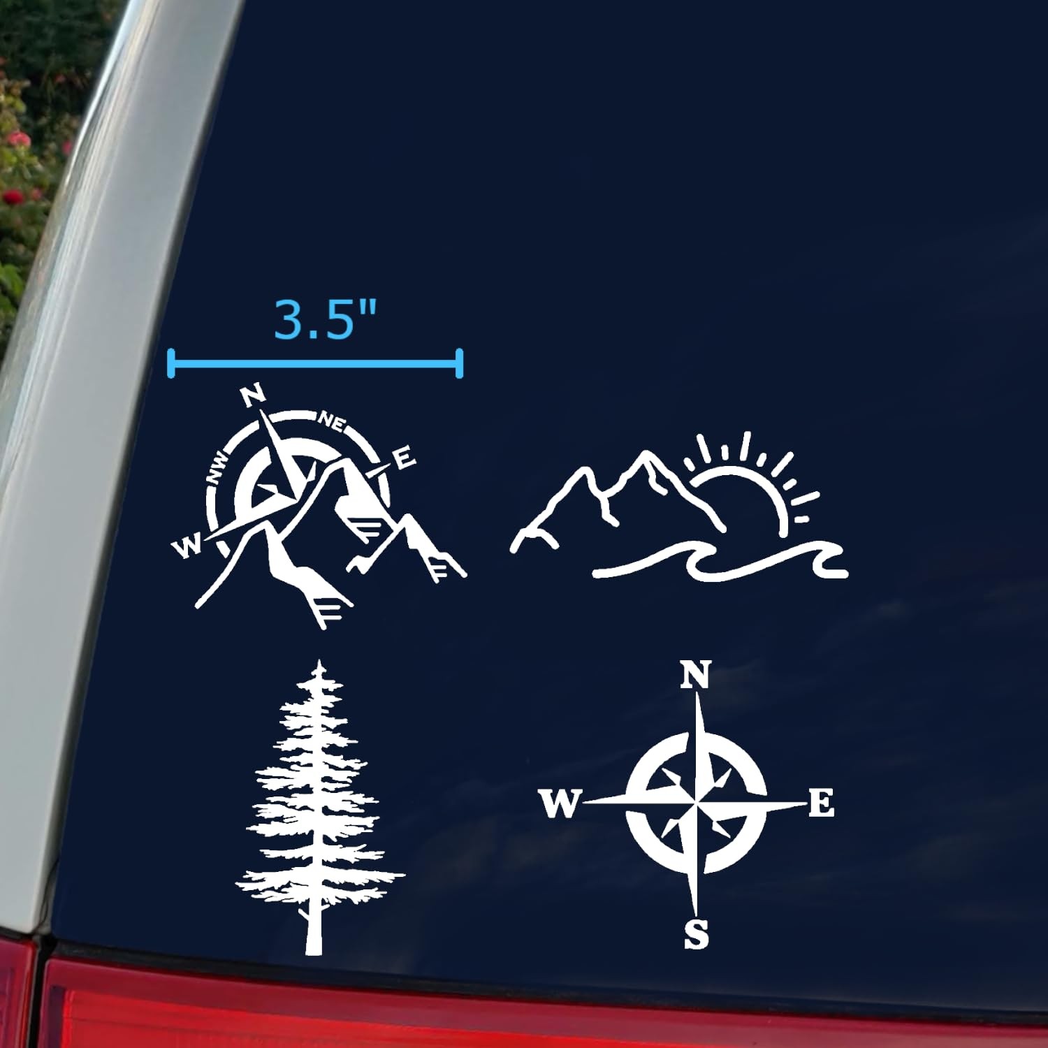 Mountain Decal 4 Pack: Compass, Sun Waves, Pine Tree, Small 3.5" White