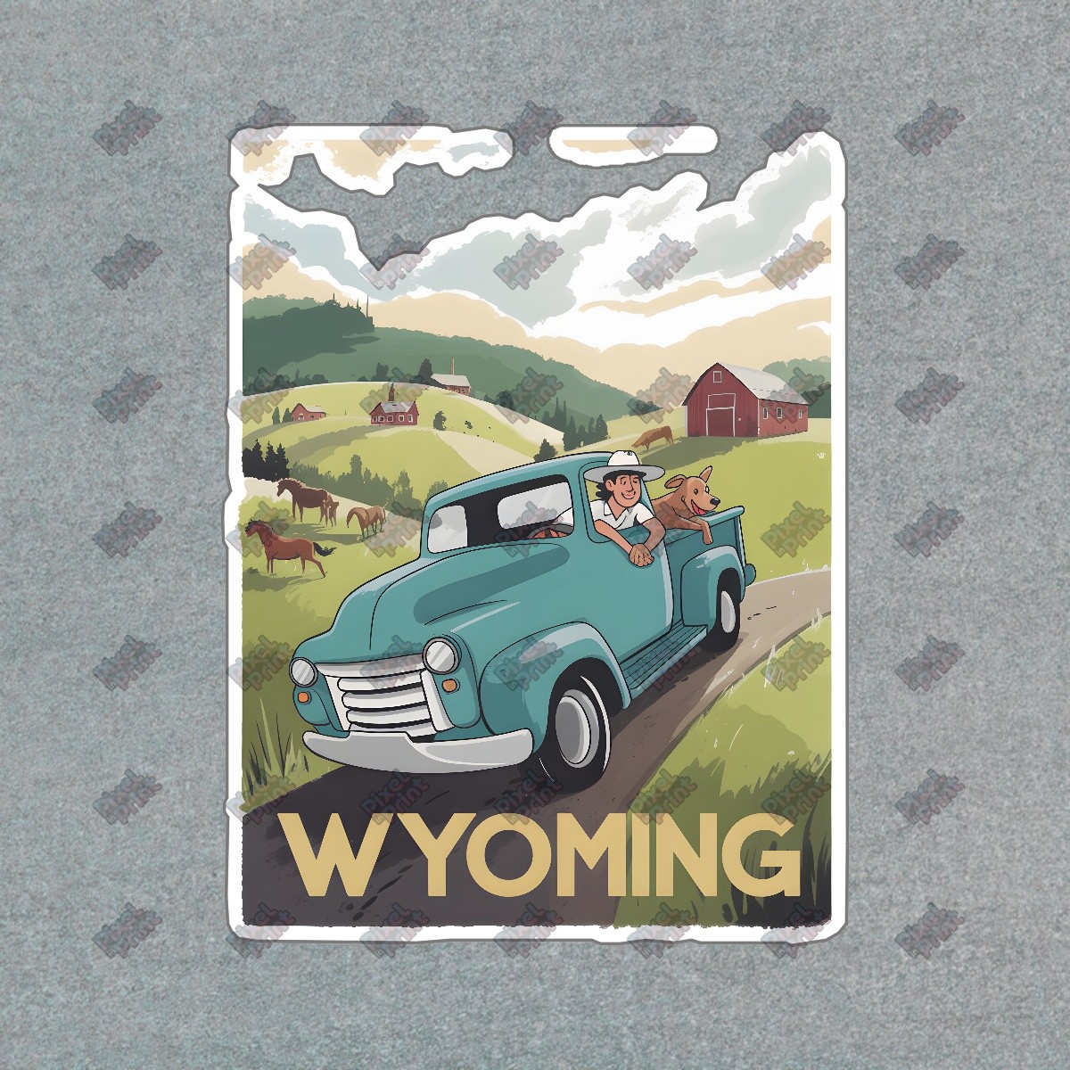 Vintage Wyoming Pickup Truck Travel Poster Retro Art Print with Dog & #8527