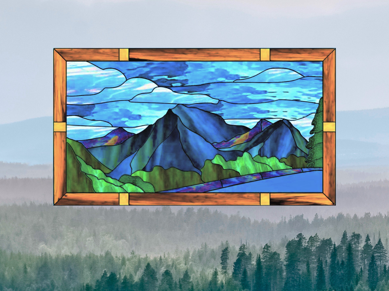Scenic Mountain Faux Stained-Glass WINDOW CLING Size 10.6" Repositionable Vinyl
