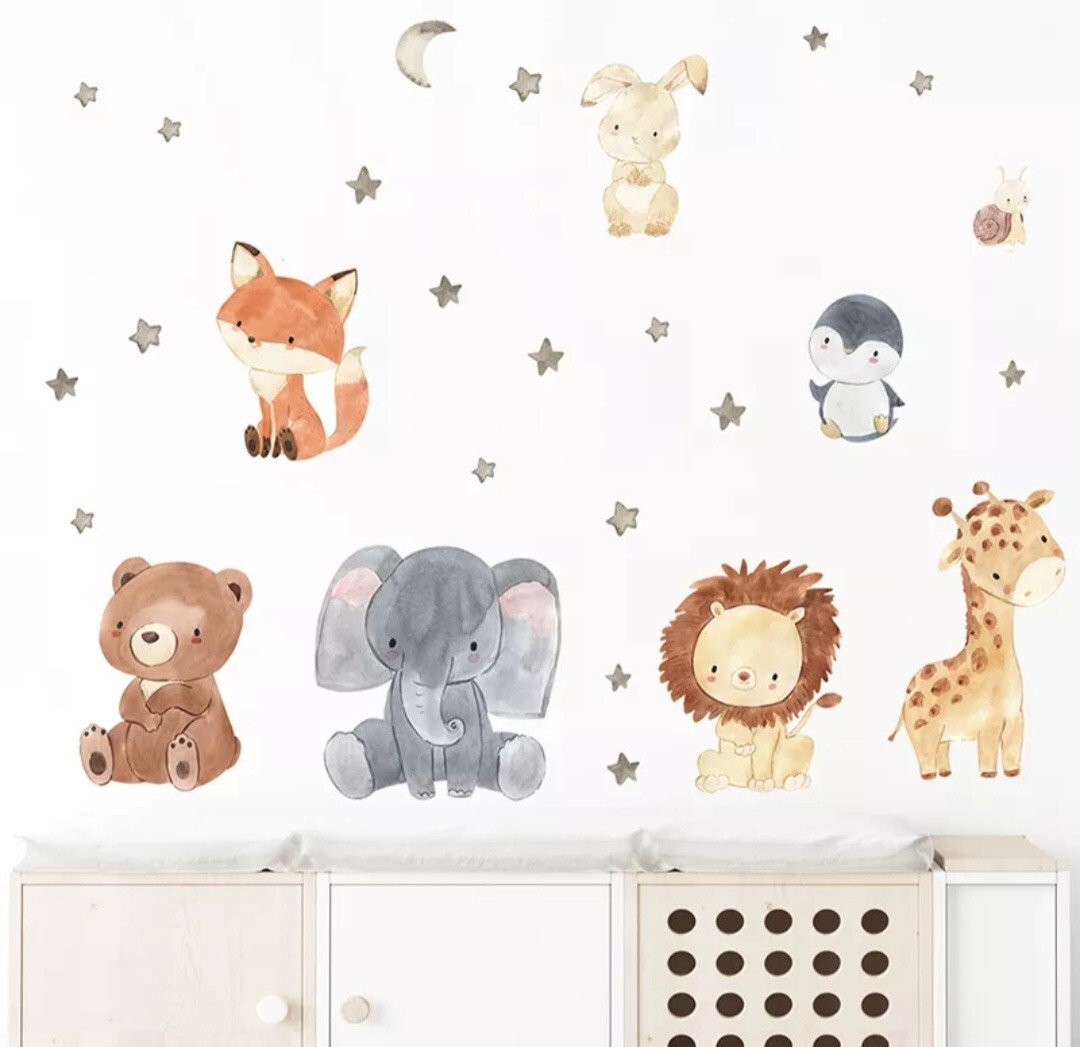 Watercolor Cartoon Cute Animals Wall Stickers peel and stick decal for kids baby