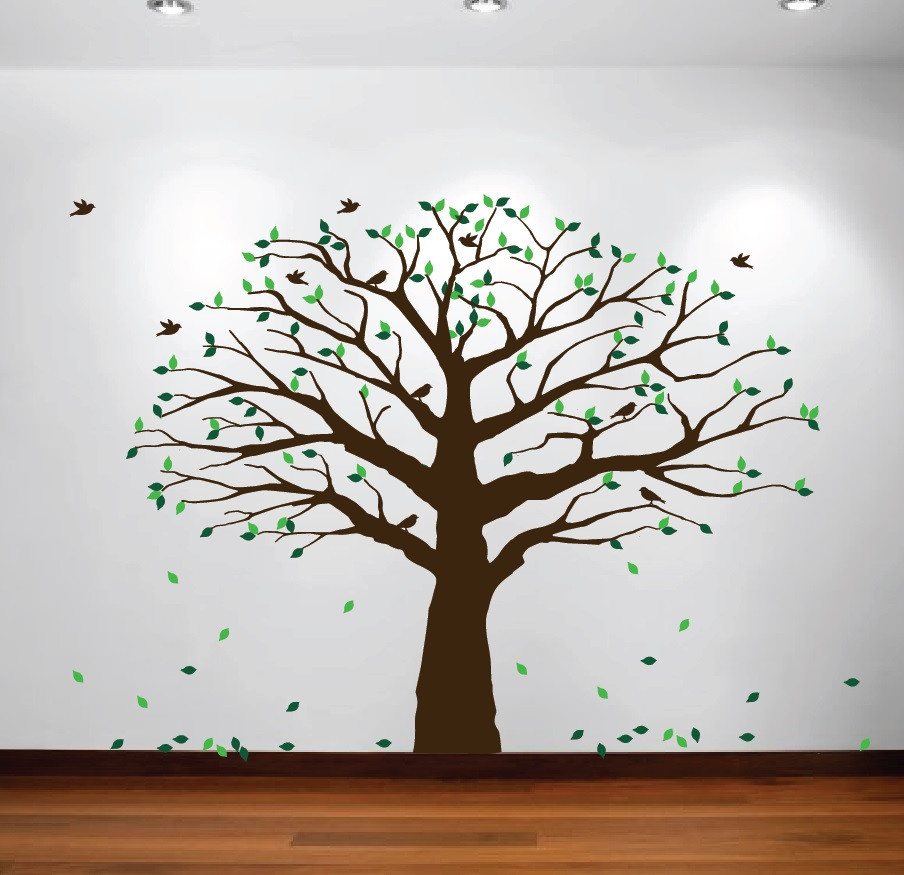Large Wall Family Tree Decal Photo Branches Nursery with Falling Leaves Birds