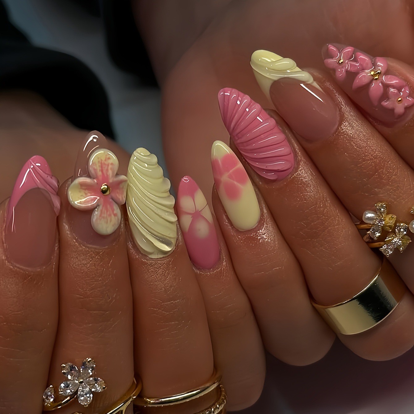 Summer Painted Flower Press-on Nails French Almond Style