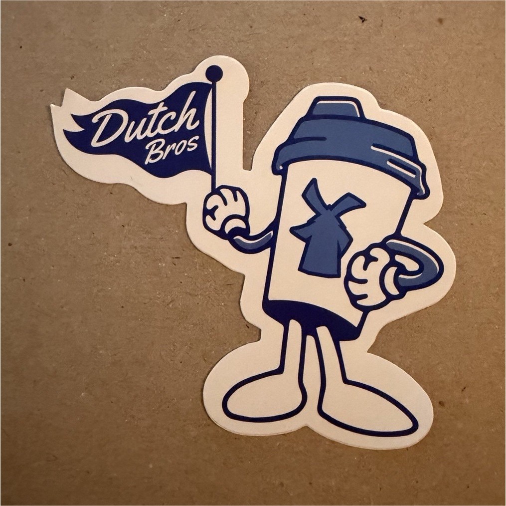 Dutch Bros Coffee Cup Character Sticker White Blue Coffee & Tea Advertising