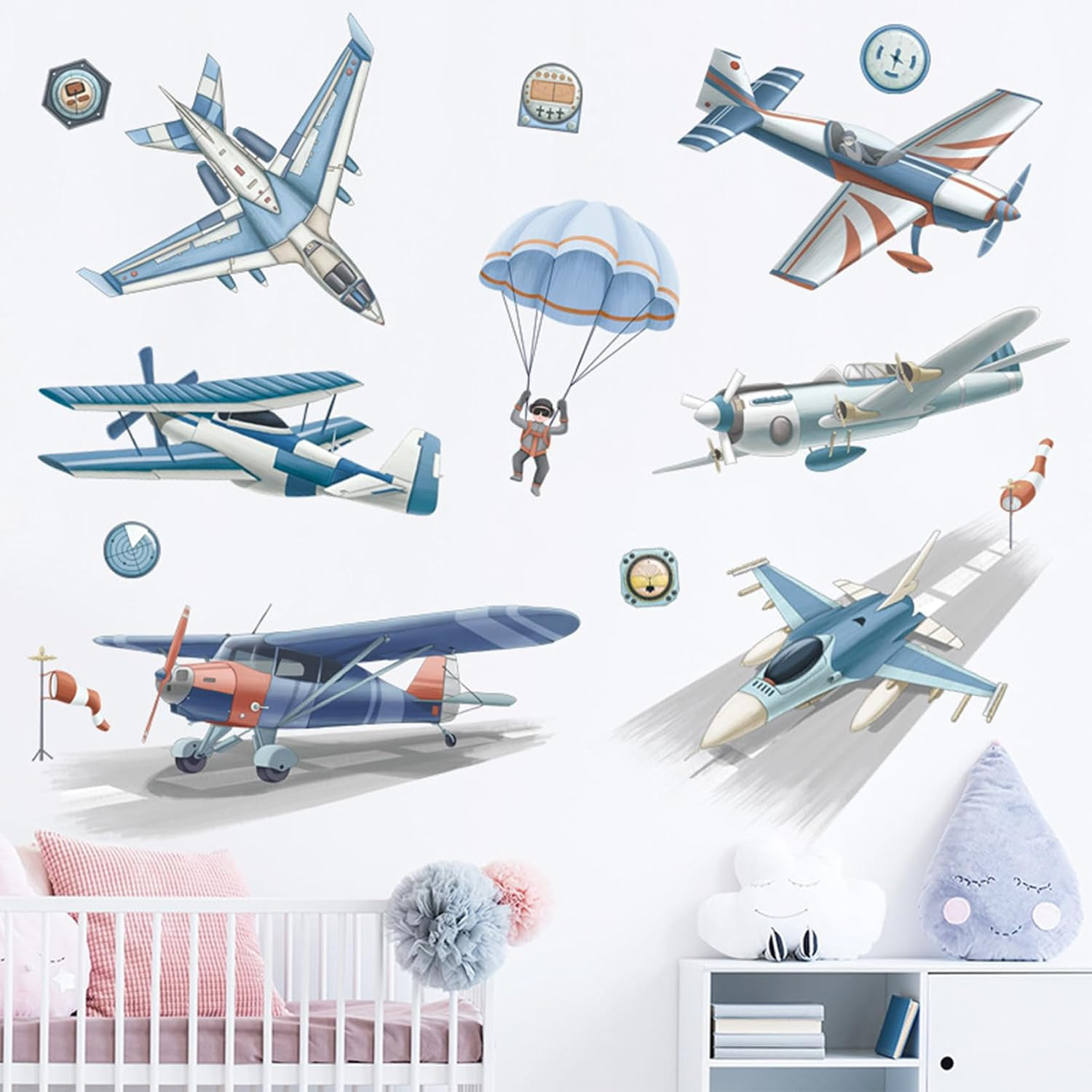 Cartoon Airplane Wall Decals, Fighter Jets & Parachute Wall Stickers for Kids Pl