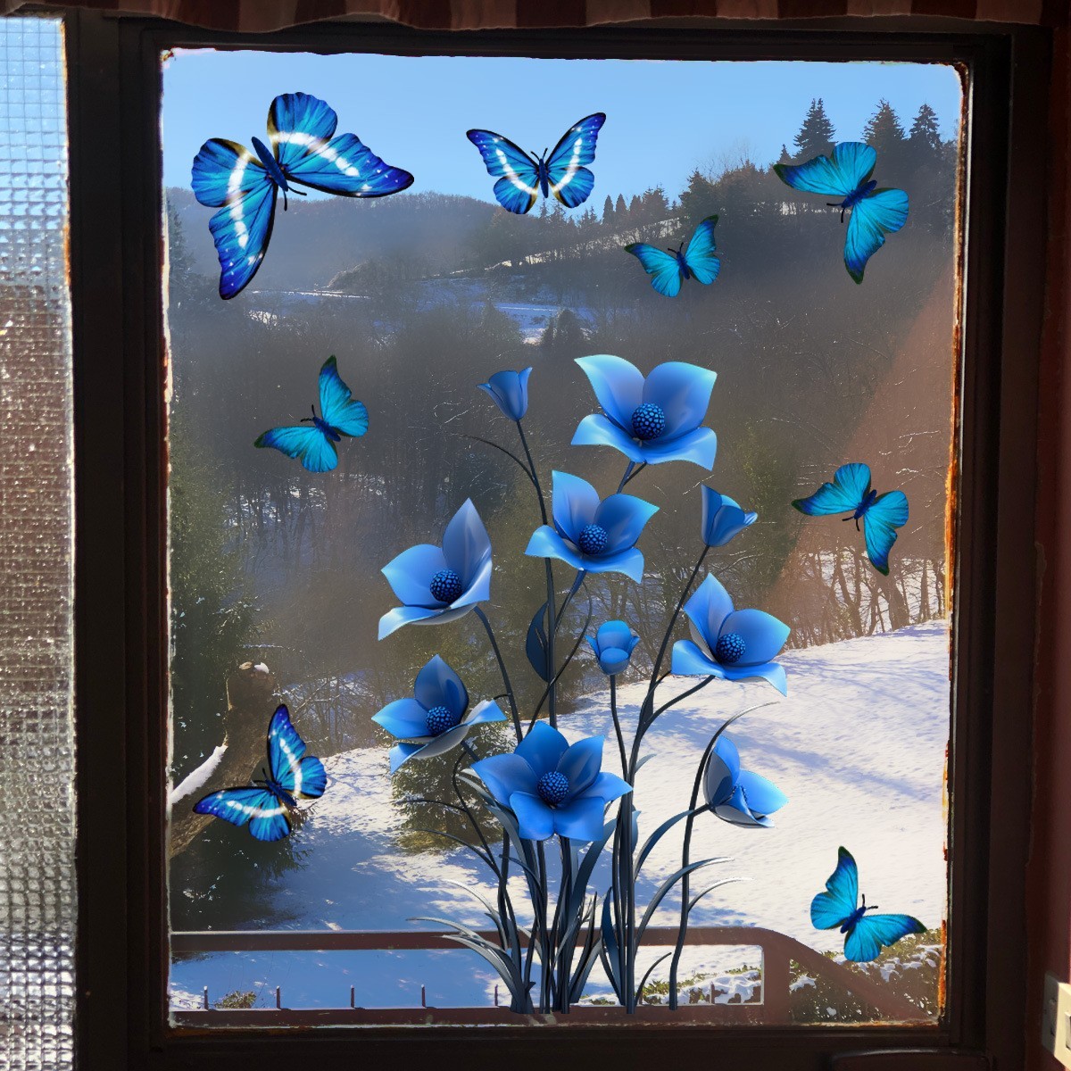 Waterproof Blue Flower Butterfly Window Cling PVC 11.81×23.62in Reusable Design