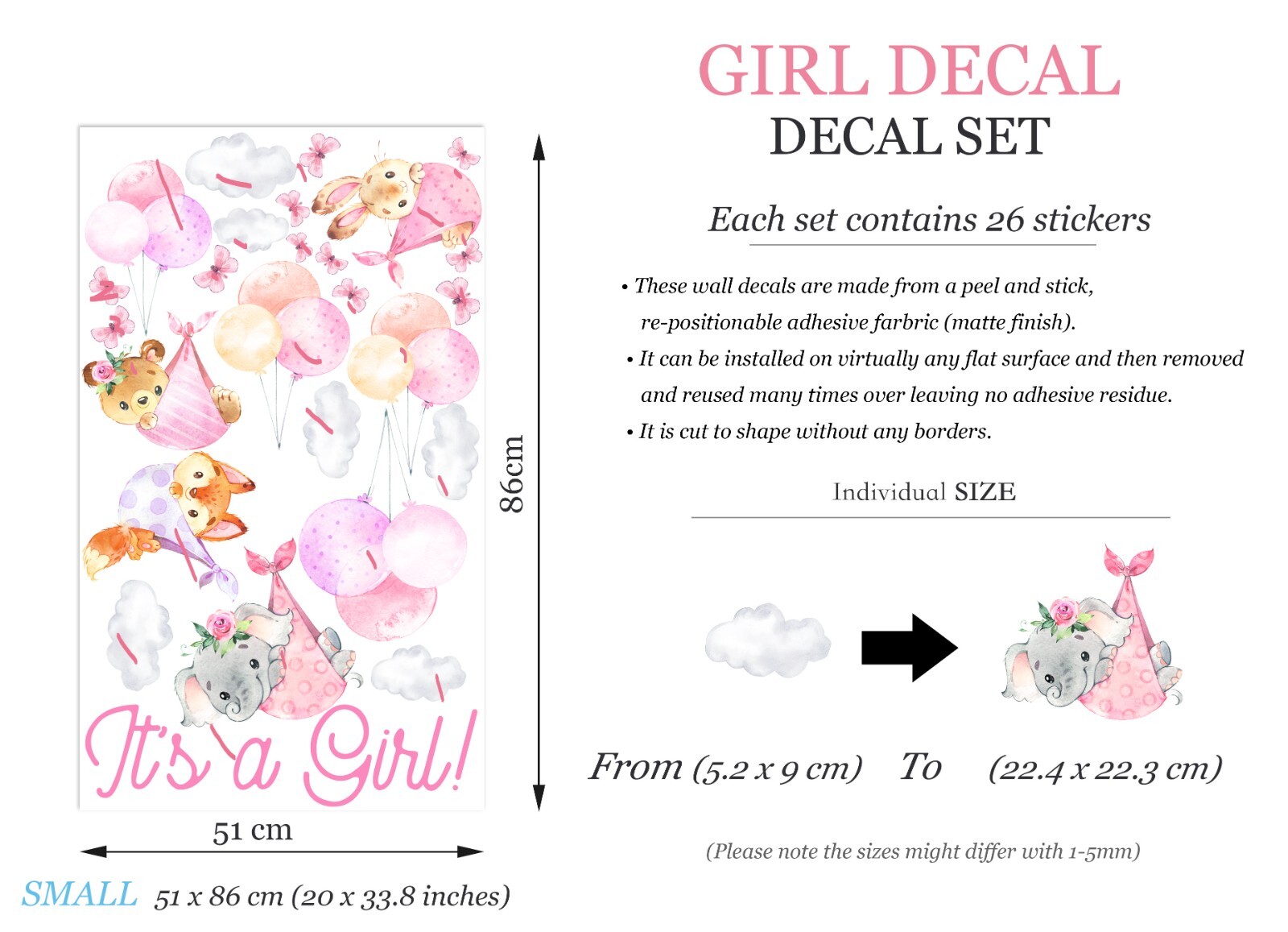 Balloon Newborn Girl Butterfly Elephant Fox Cloud Wall Fabric Decal and Sticker