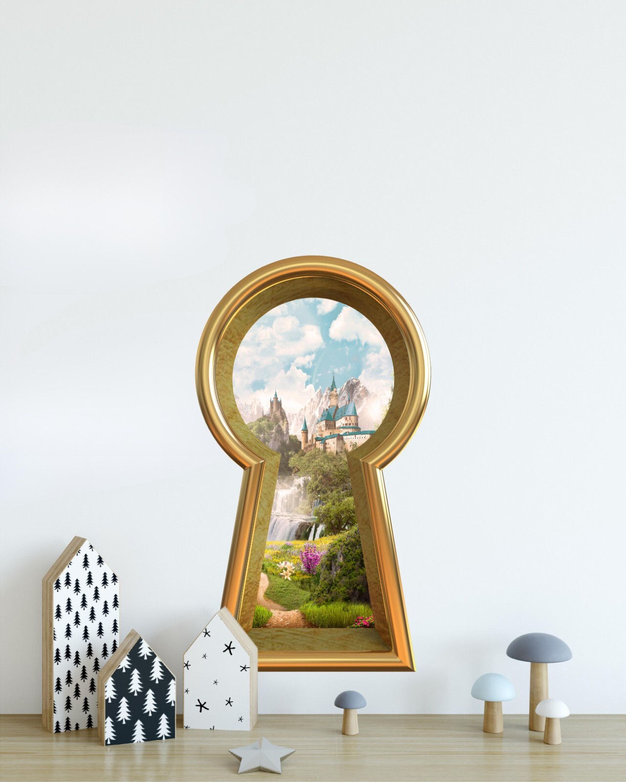 Keyhole Fabric Wall Decal Fairytale Castle Waterfall Mountain View Wall Sticker