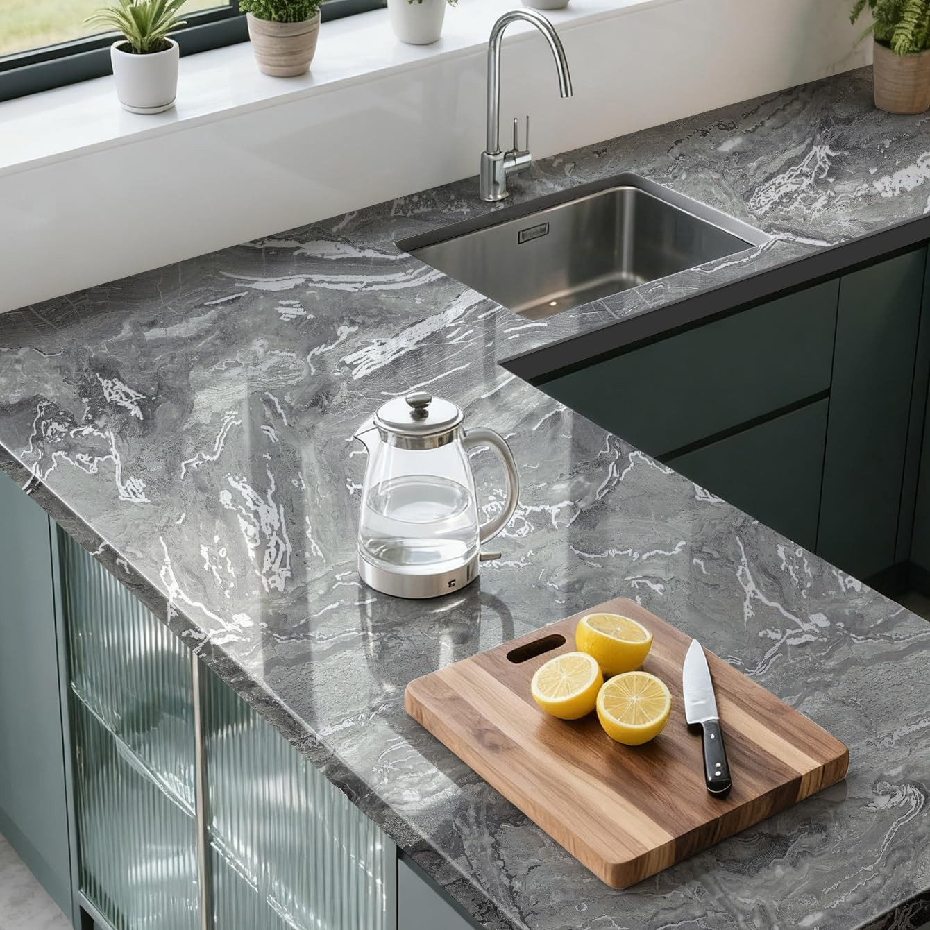 Thick Glossy Grey Silver Marble Peel and Stick Kitchen Sticker for Countertop…