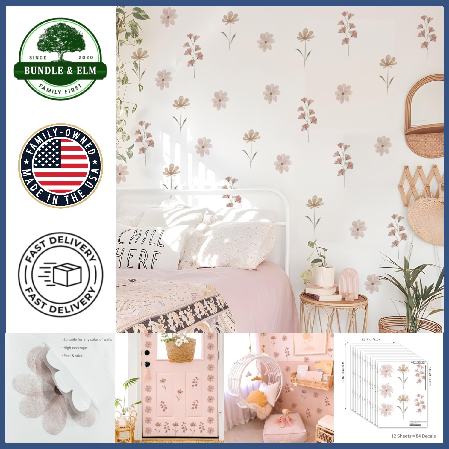 Daisy Wall Stickers, 84 PCS High Coverage Peel and Stick Decor for Living Spaces