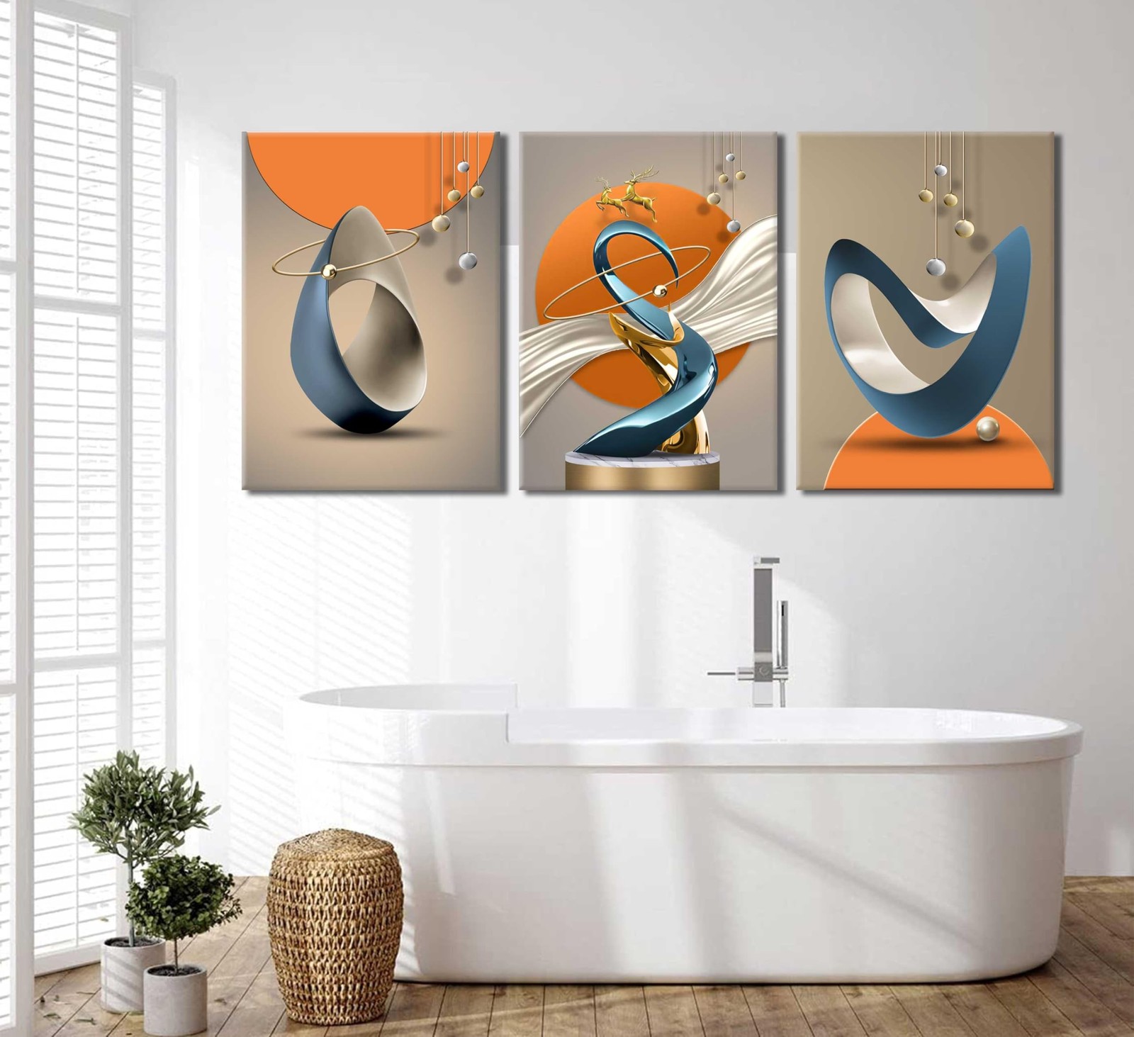 3 Pcs Bright Style Canvas Wall Art Modern Abstract Golden Deer Luxury Foil Li…