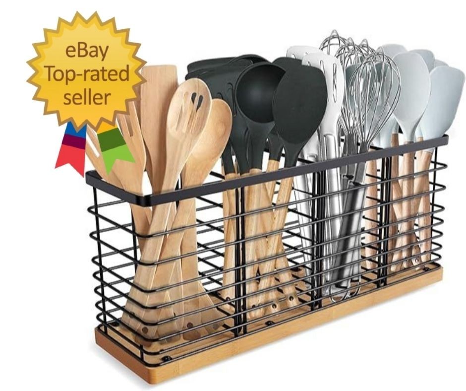 Extra Large Kitchen Utensil Holder with 4 Compartments，Matte Black Metal holder