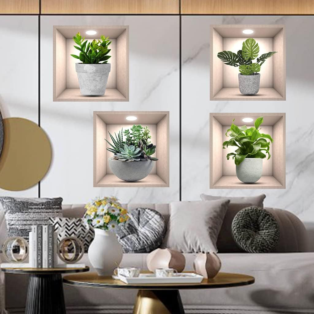 4 Pack 3D Green Plants Wall Stickers Botanical Plants Wall Decals for Bedroom Li