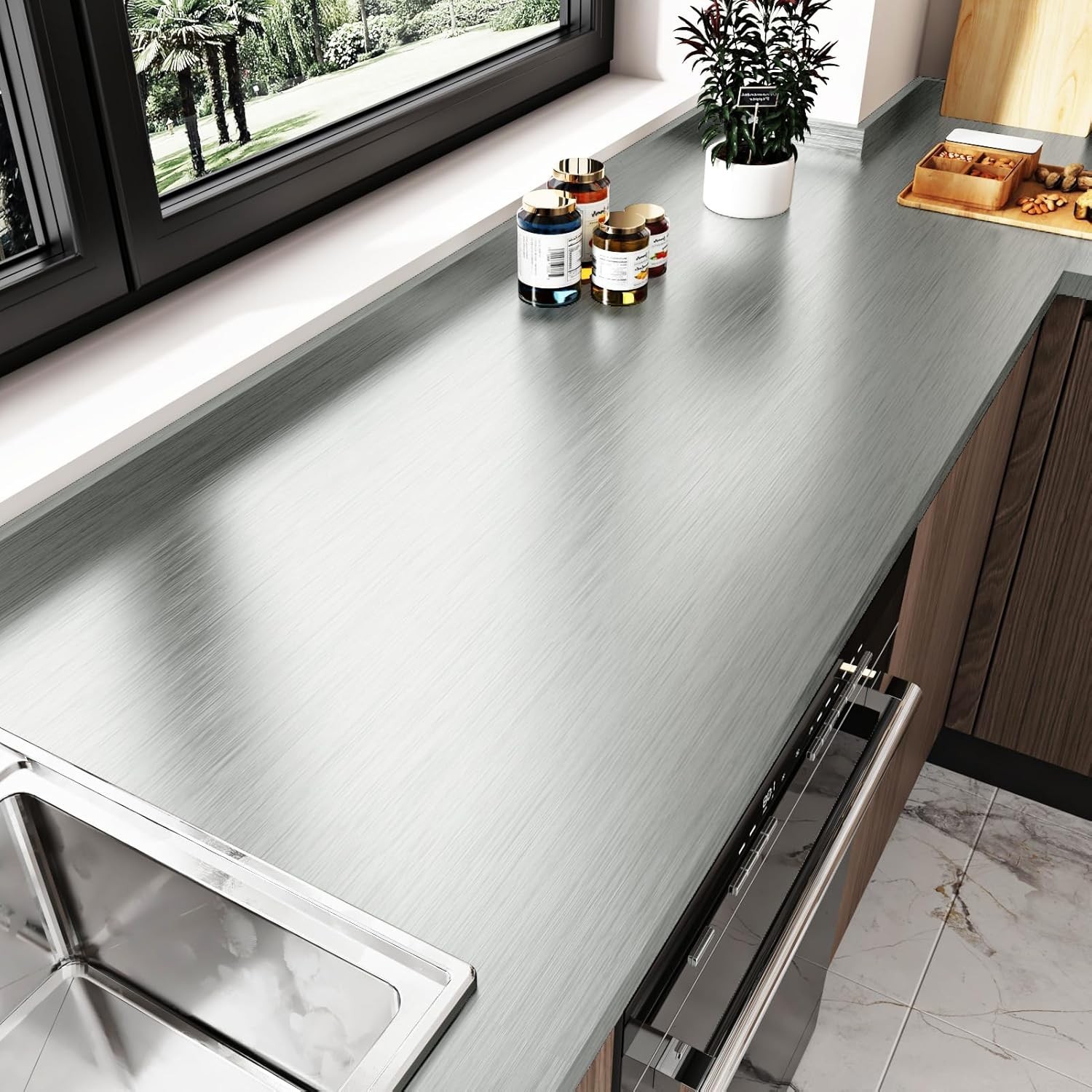 17.7"x315" Grey Metallic Peel & Stick Brushed Silver Stainless Steel -NEW-Q