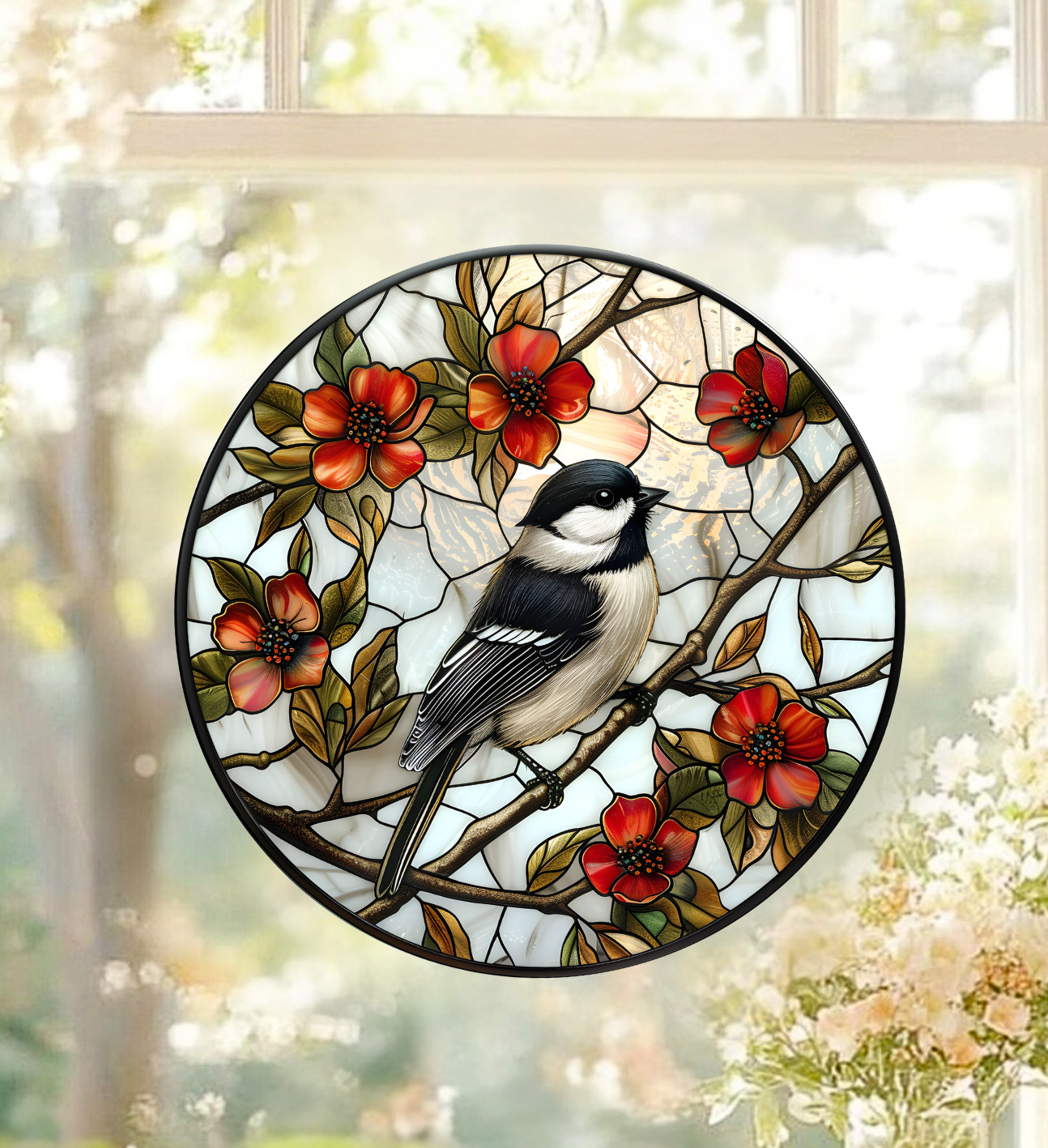 Chickadee Bird on Branch WINDOW CLING Size 8" Round Repositionable Vinyl