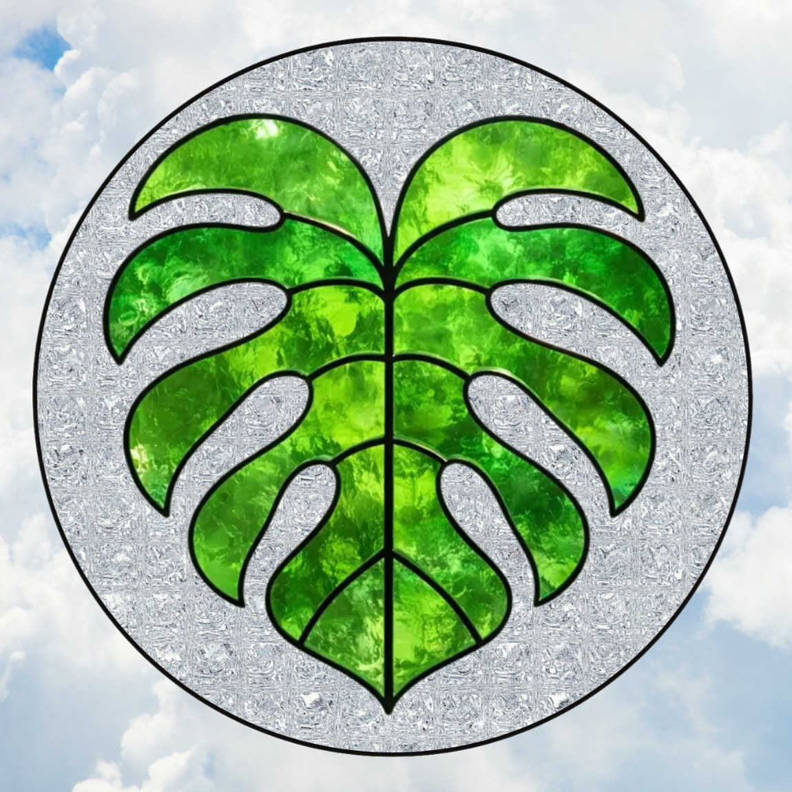 Monstera Leaf Faux Stained-Glass WINDOW CLING Size 8" Round Repositionable Vinyl