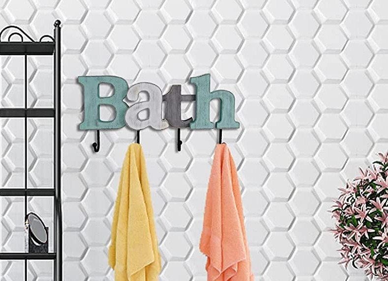 Bedroom Entryway Bathroom Word Cutout with 4 Hooks (Bath )