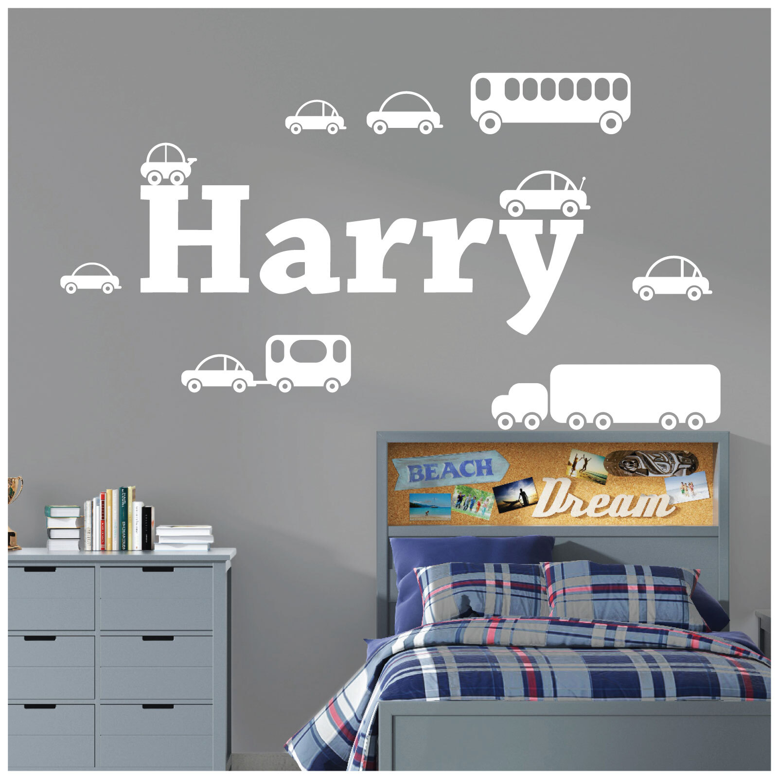 Personalised Name Cartoon Trucks Cars Wall Sticker – Boys Bedroom – Vinyl UK