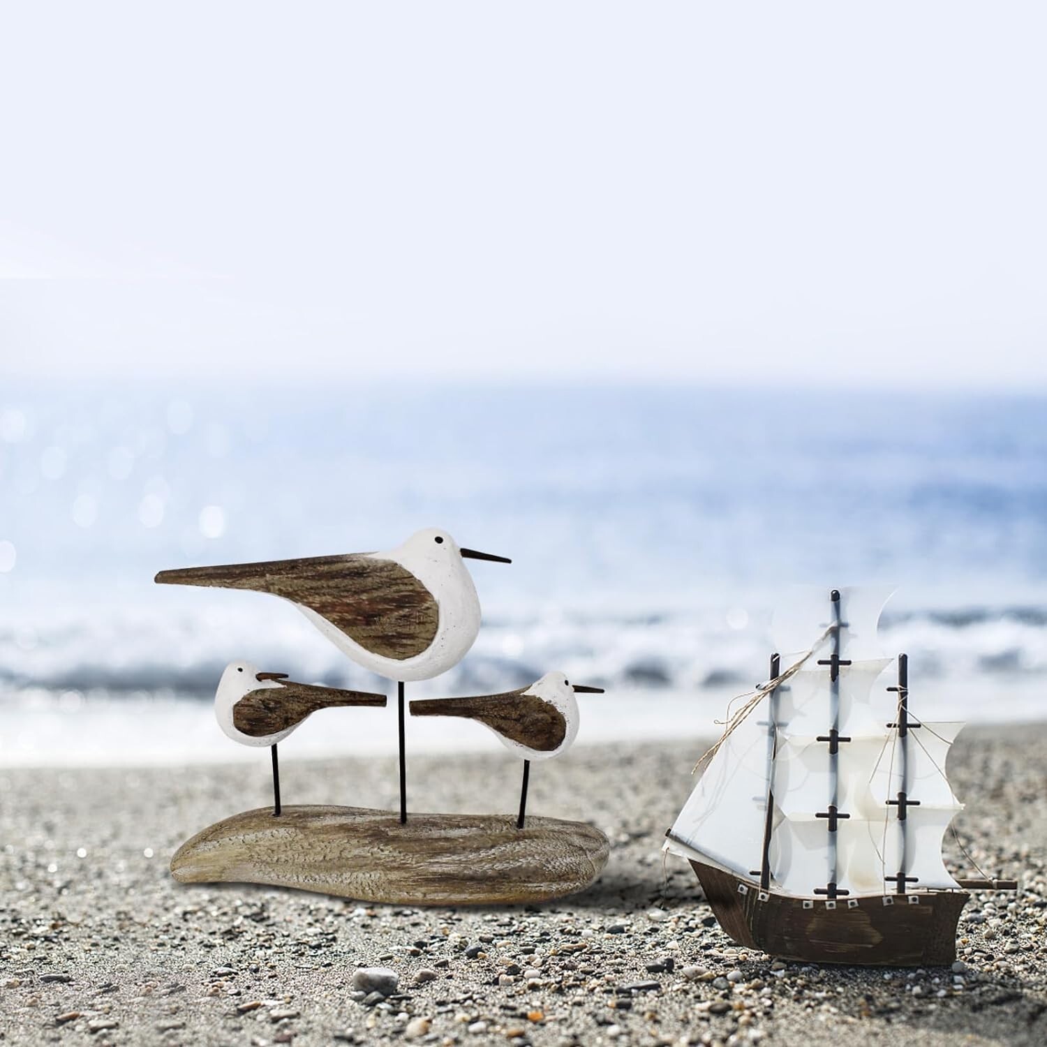 Wooden Sea Bird Statue Seagull On Stand Decor Nautical Coastal Birds Sculpture