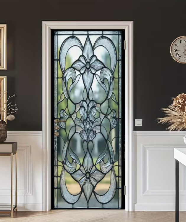 Elegant Door Sticker Featuring a Stained Floral Design Not See Through