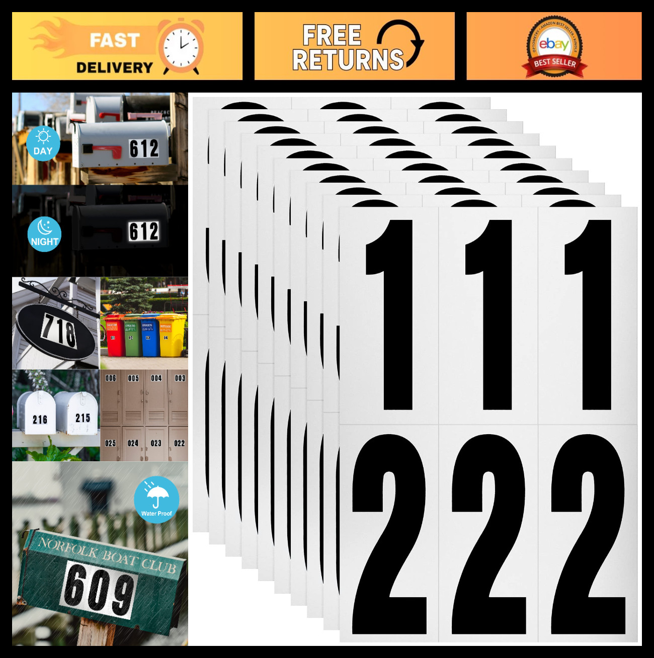 300 Reflective Adhesive Numbers 3" – Waterproof Stickers for Mailbox, Signs, Car