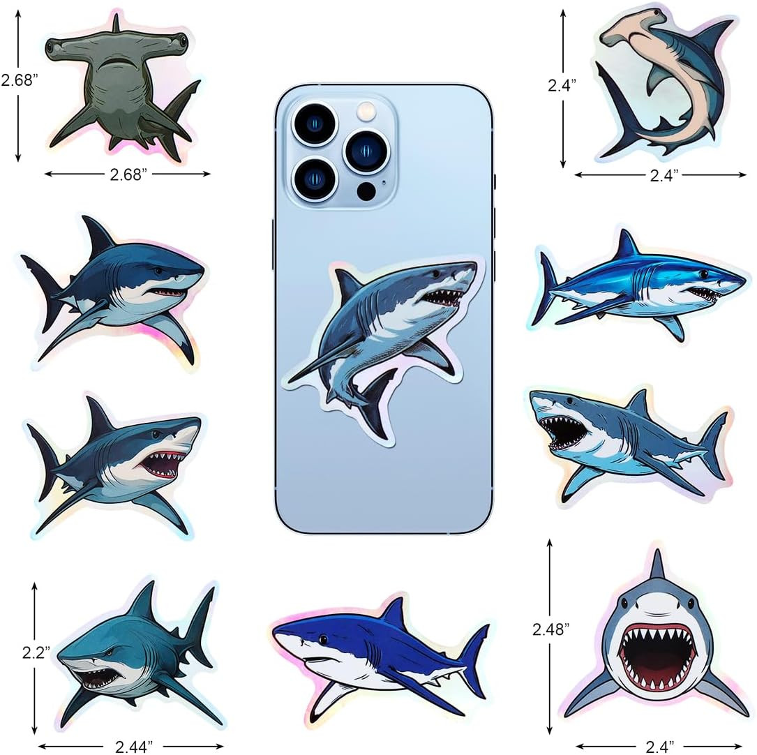 100Pcs Holographic Shark Waterproof Vinyl Stickers for Decor & Party Favors