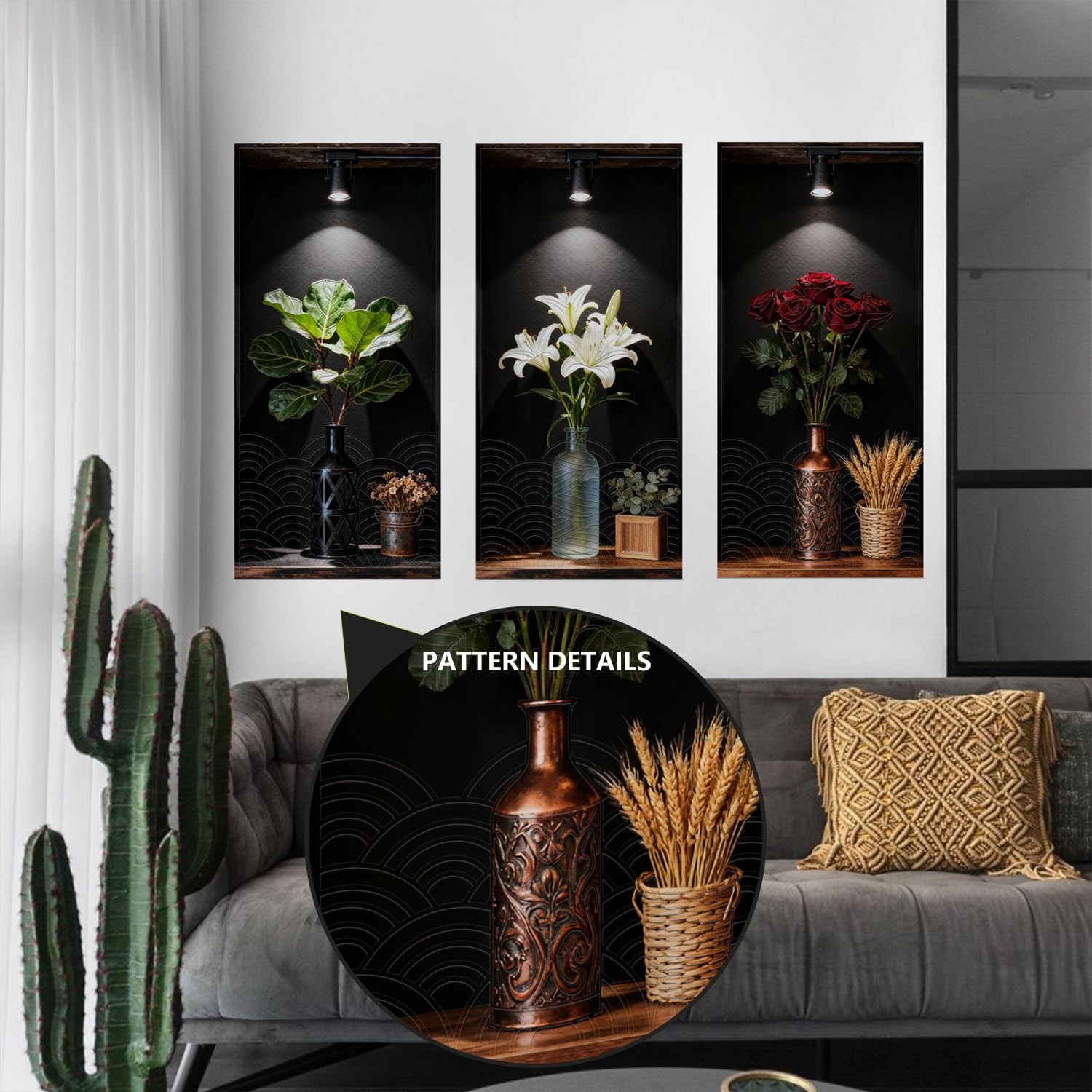 Dark Botanical Style Triptych Wall Stickers, 3 Sheets Floral Wall Decals with…