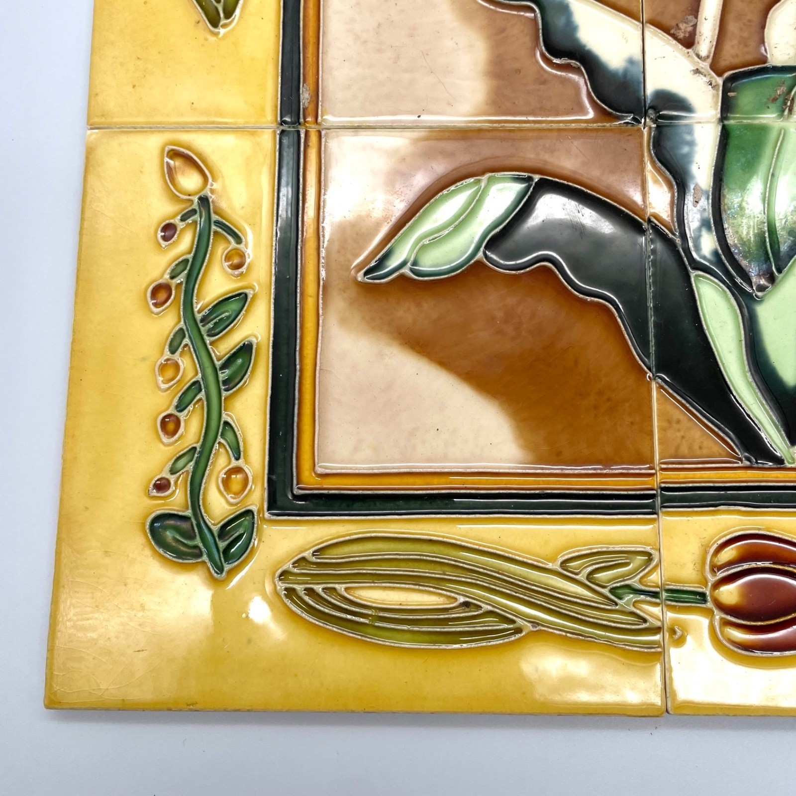 Art Nouveau Style Floral Ceramic Tile Mural 6-Piece Set Yellow Brown