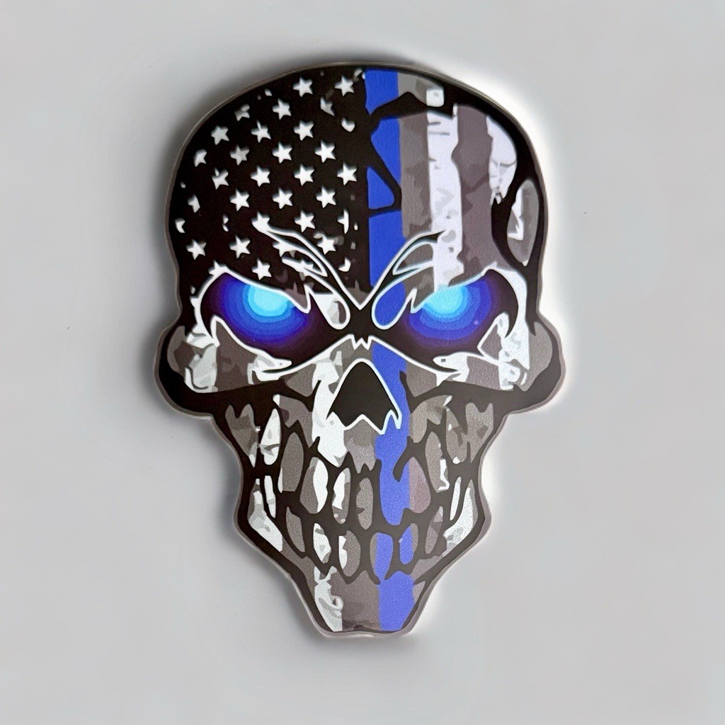 Decal – Thin Blue Line Skull, Back The Blue Police Law Enforcement, Reflective
