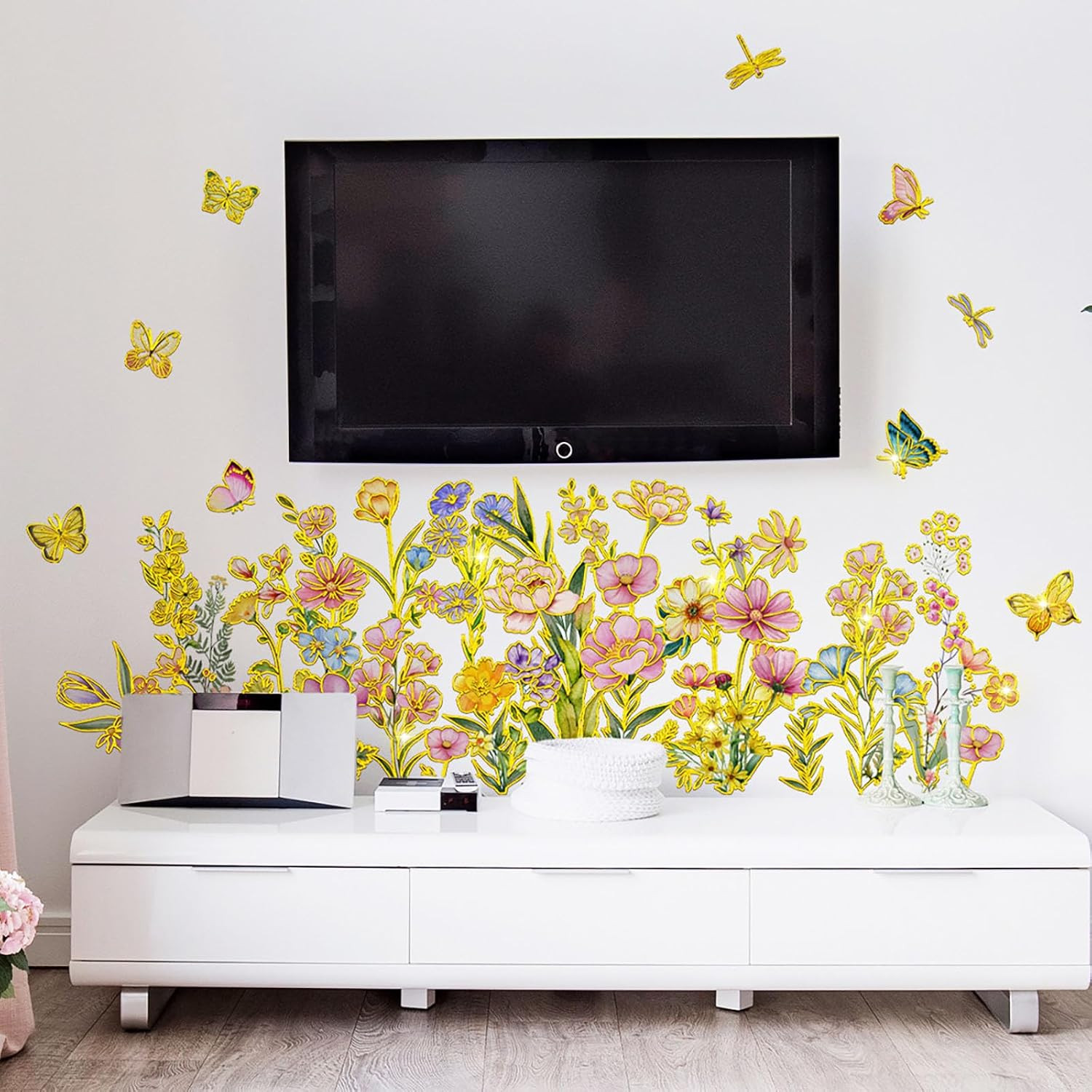 Gold Flower Wall Decals Blue Pink Floral Wall Sticker Creative Lotus Peel and St