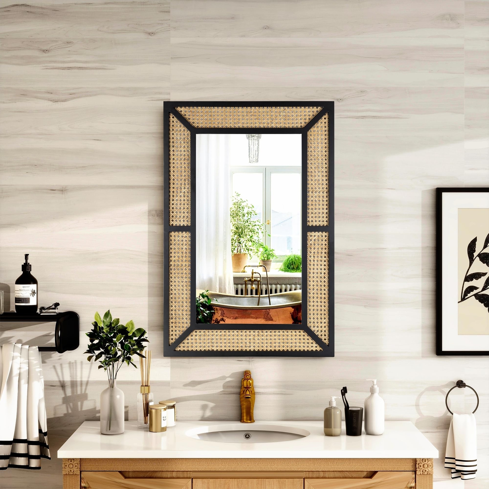 Rattan Mirror for Wall Decor Bohemian Rectangular Large Mirror, Boho Decorati…