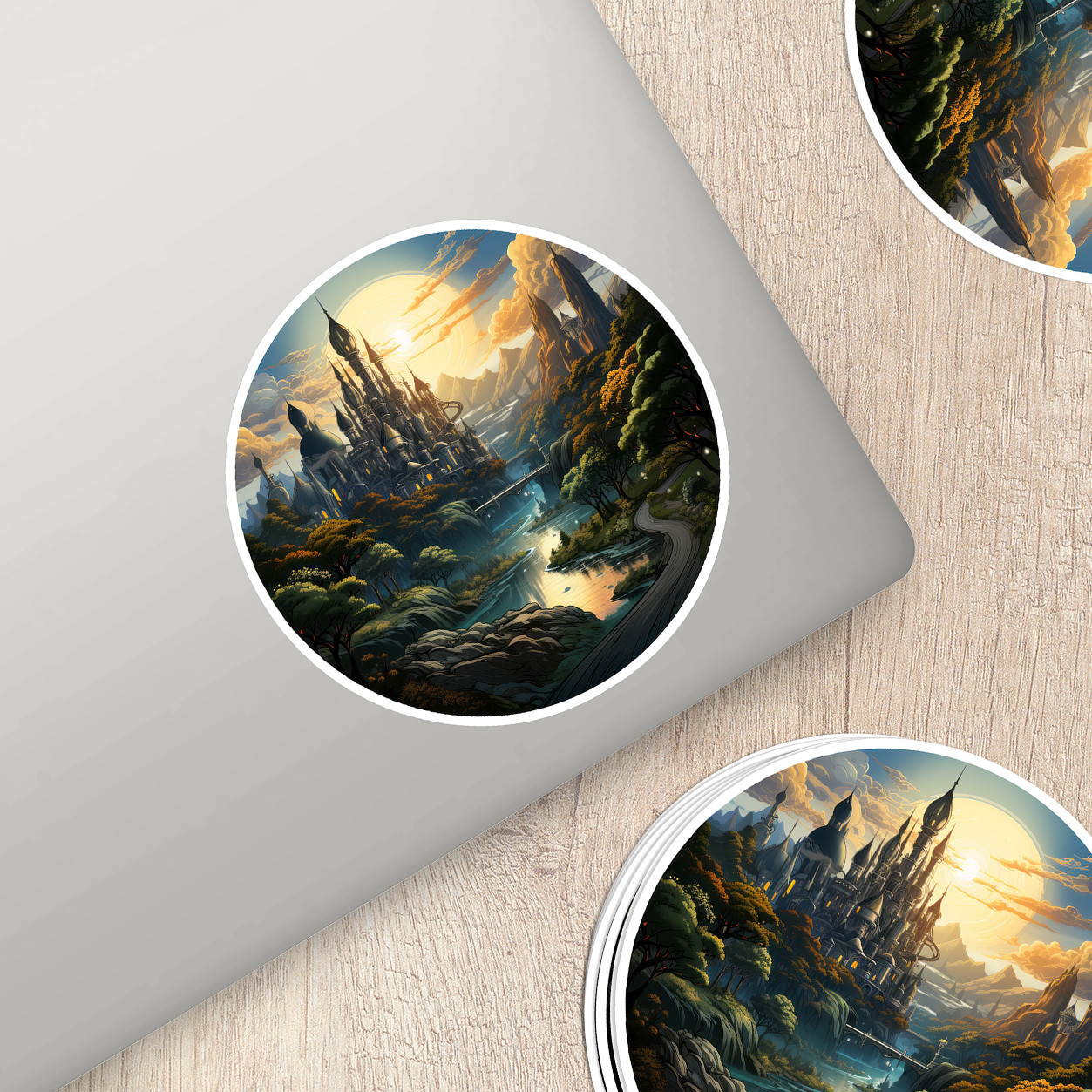 Steampunk Fantasy Landscape Sticker – Transport Yourself to a World of Adventure