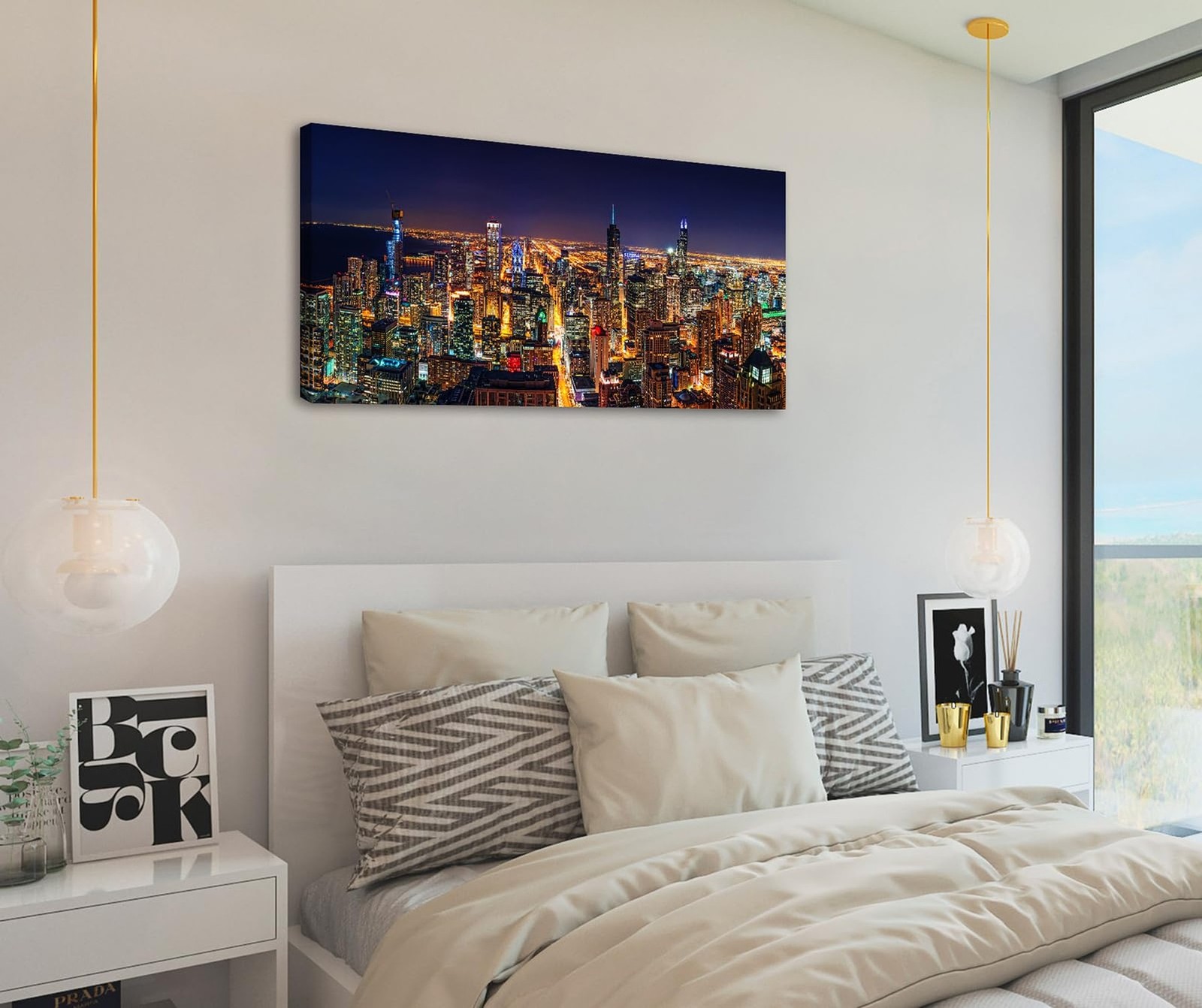Chicago Skyline Wall Art – Colorful Modern USA Downtown City Night View Canva…